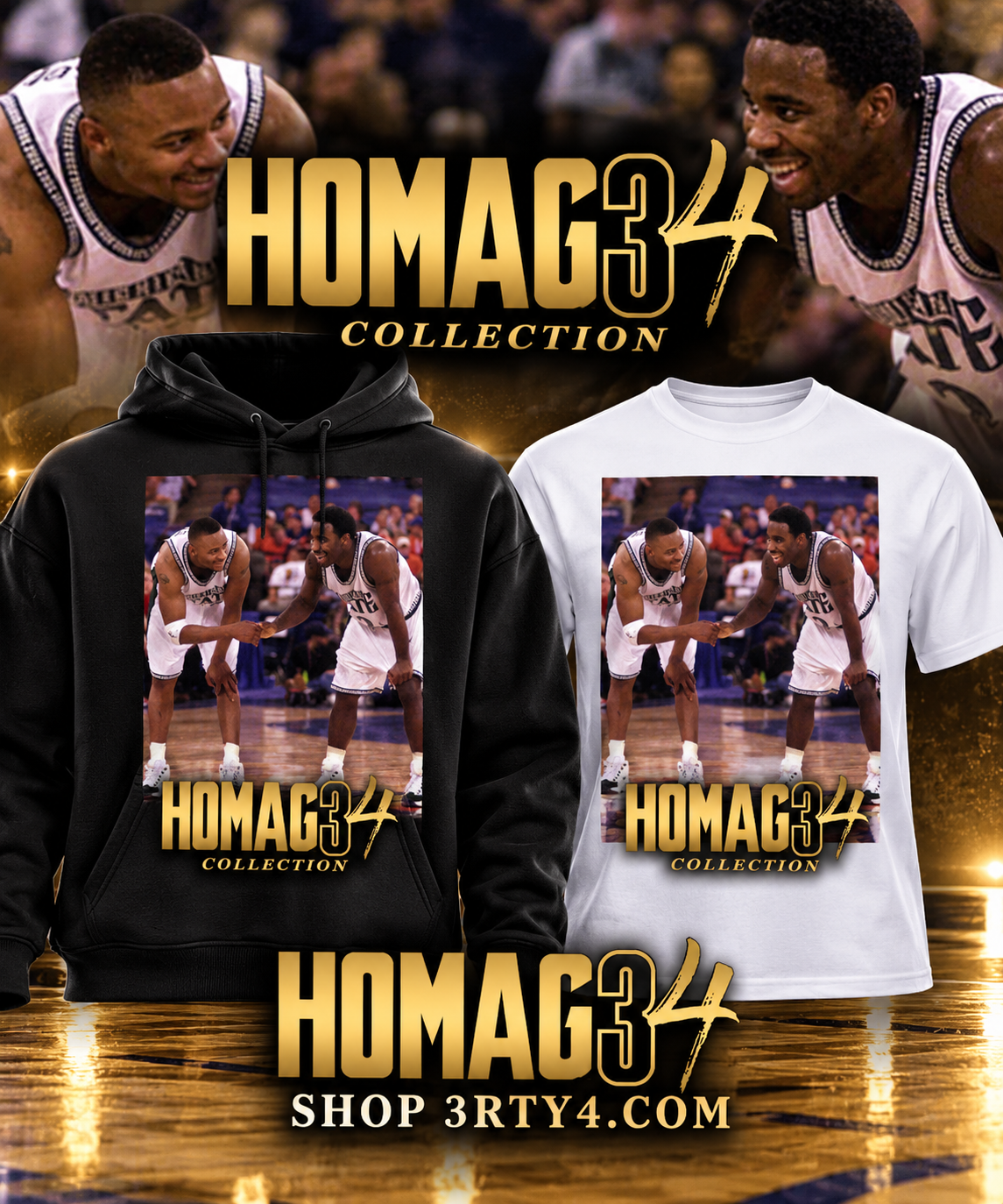 HOMAG34 Gold Court Collection – Classic Basketball Tribute Hoodie & T-Shirt